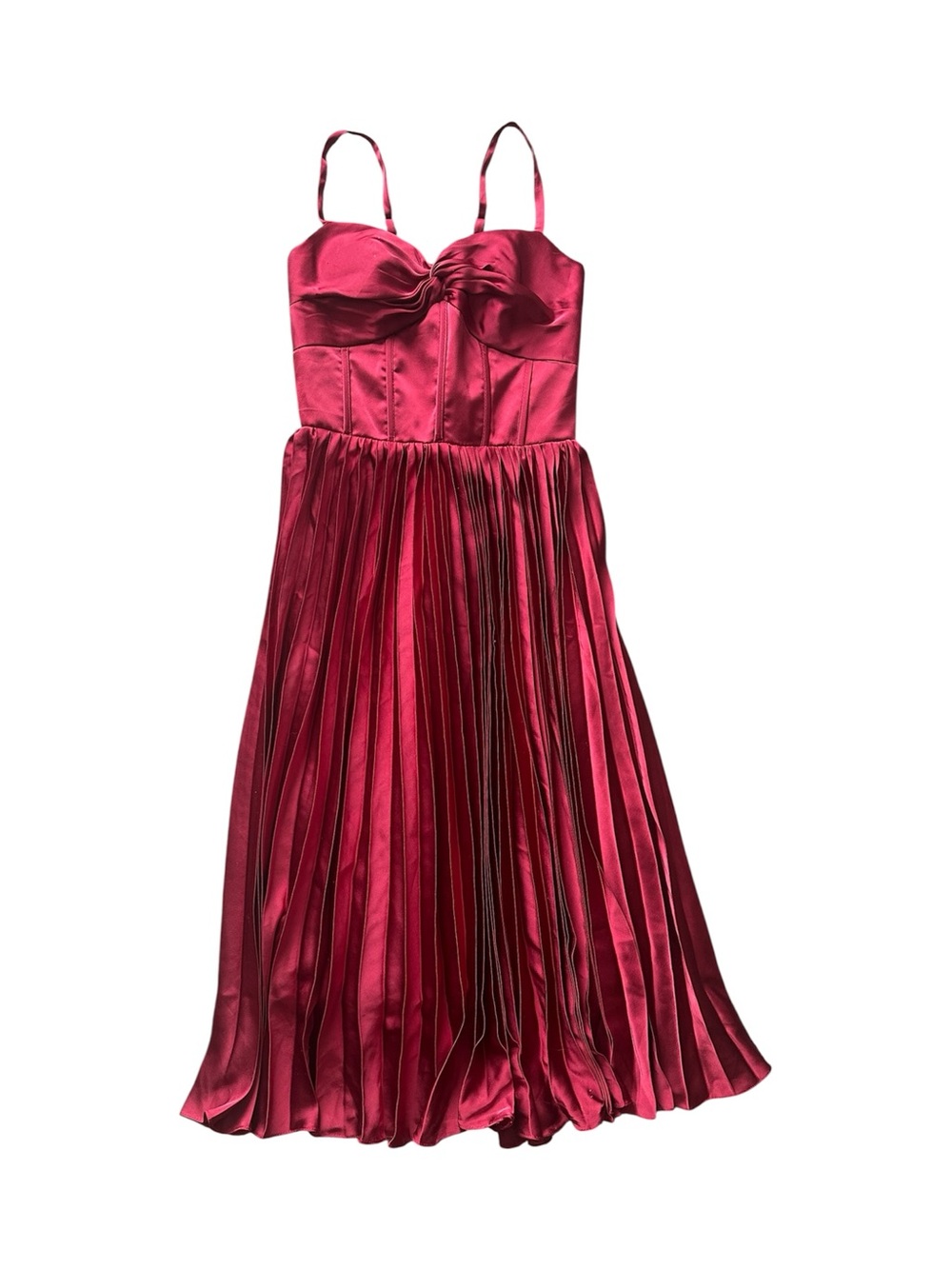 Satin Pleated Midi Dress in Berry Red with Spaghetti Straps
